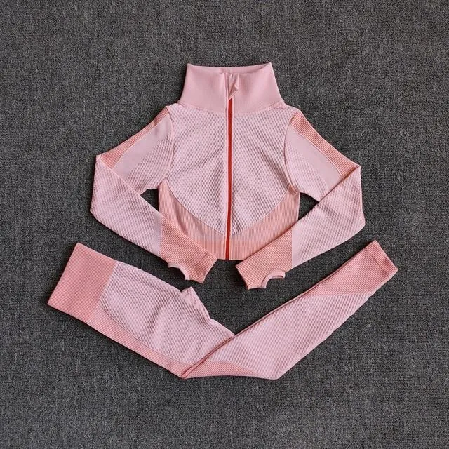 2 Pics Long Sleeve Shirts High Waist Leggings Sports Suits