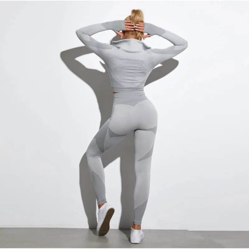 2 Pics Long Sleeve Shirts High Waist Leggings Sports Suits