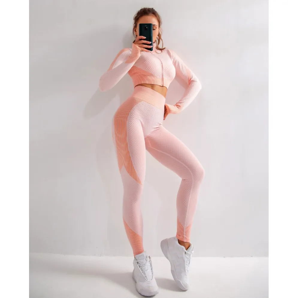 2 Pics Long Sleeve Shirts High Waist Leggings Sports Suits
