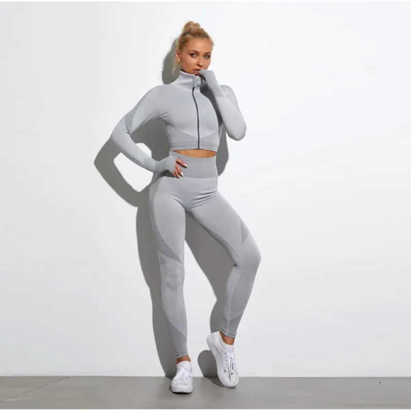 2 Pics Long Sleeve Shirts High Waist Leggings Sports Suits