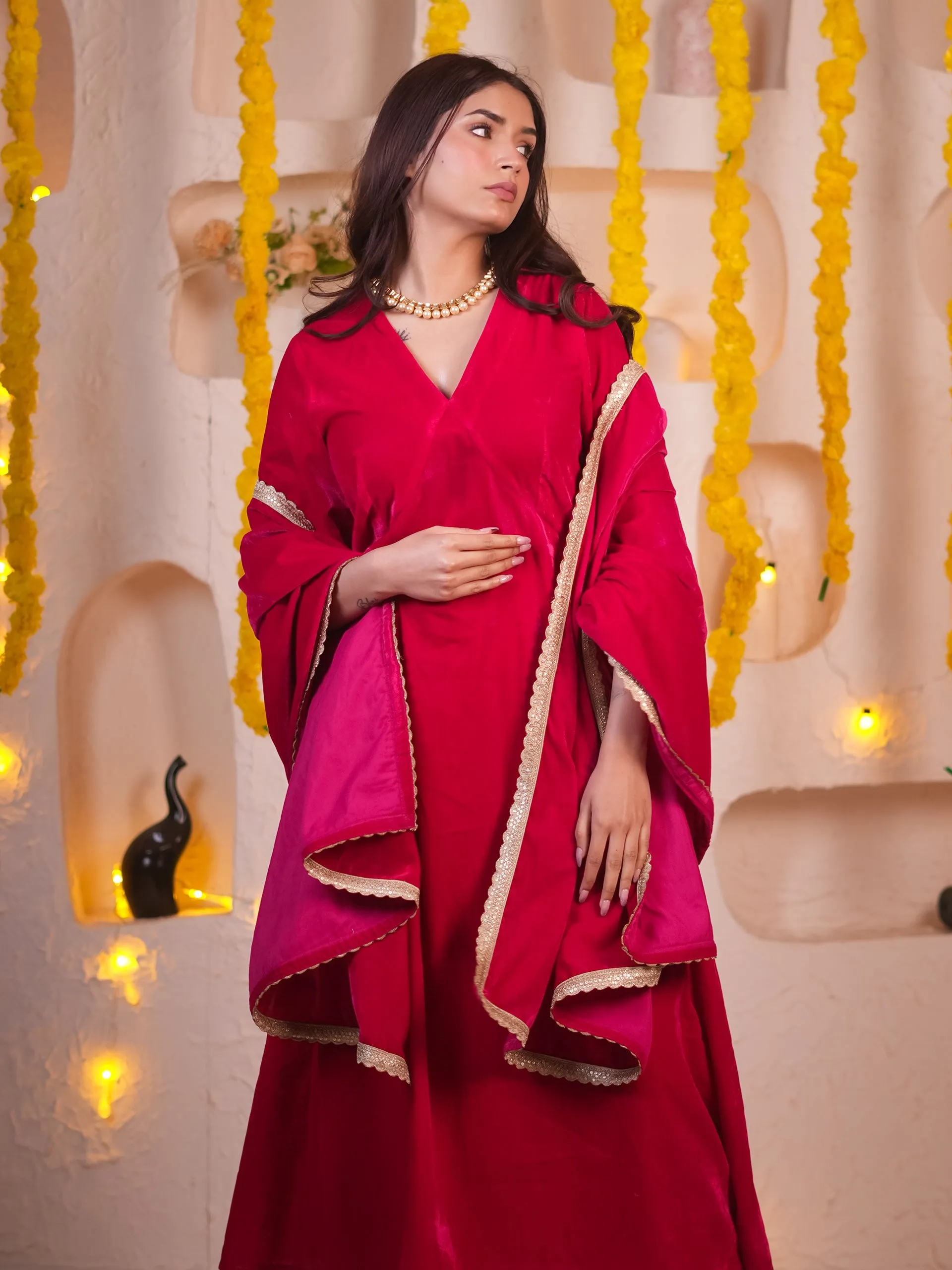 3 pcs - Pink Velvet Kurta, Pants And Dupatta With Lace