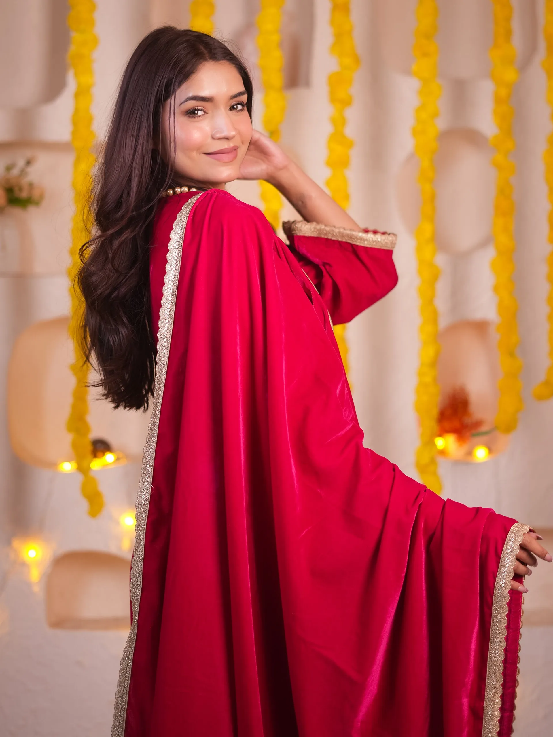 3 pcs - Pink Velvet Kurta, Pants And Dupatta With Lace