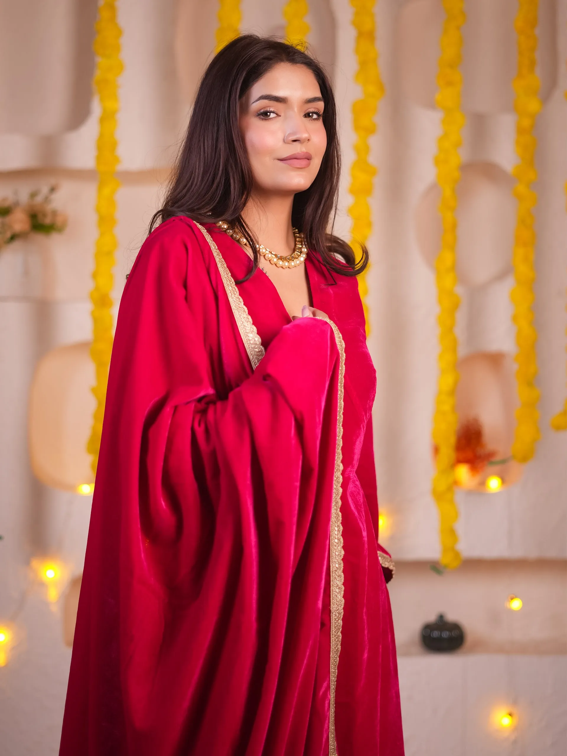 3 pcs - Pink Velvet Kurta, Pants And Dupatta With Lace