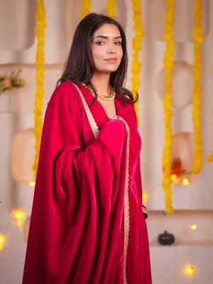 3 pcs - Pink Velvet Kurta, Pants And Dupatta With Lace