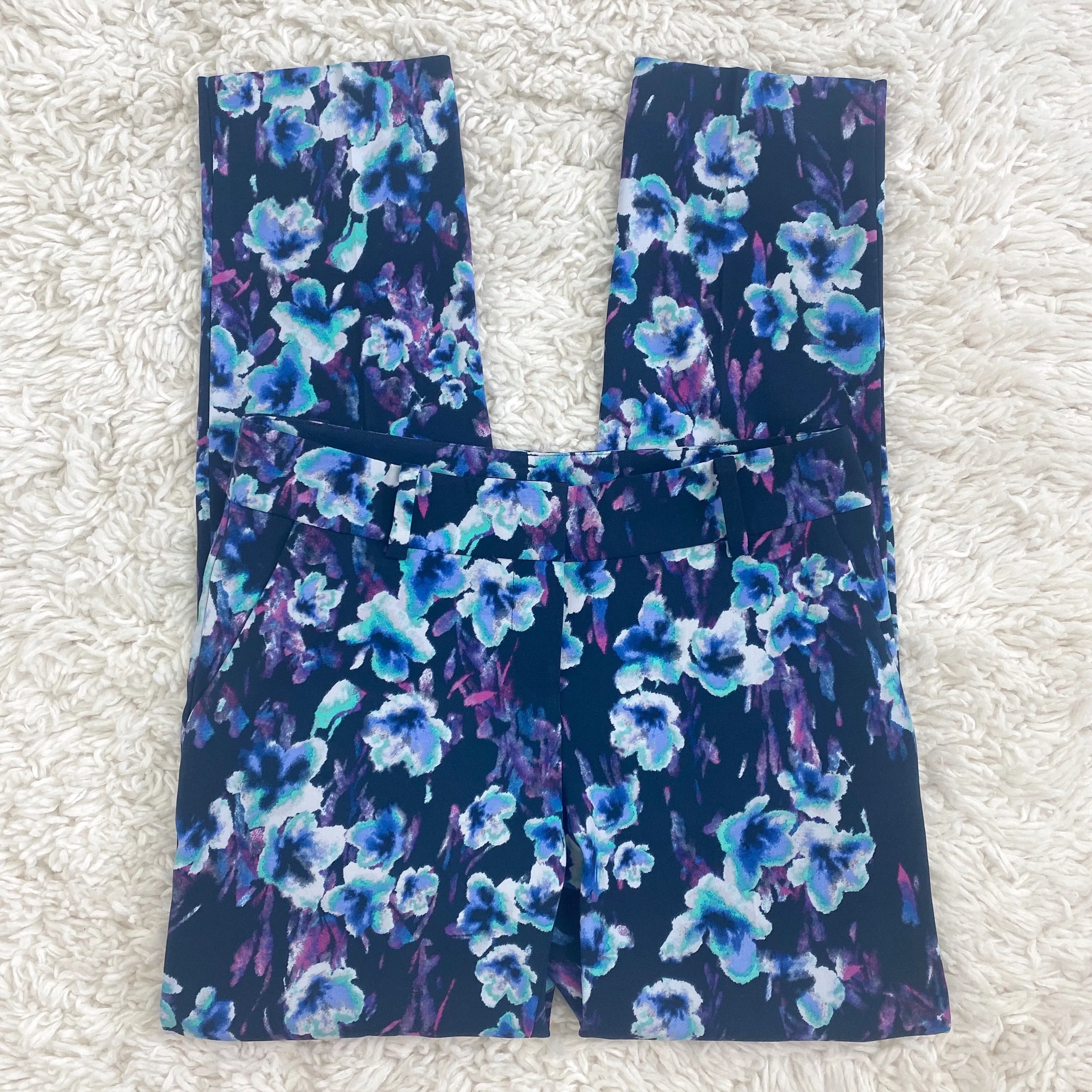 Ann Taylor Blue Multicolor Floral Slim Tapered Leg Dress Pants
