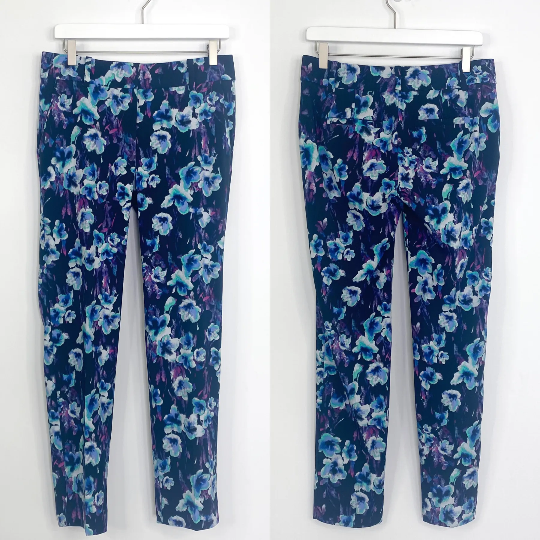 Ann Taylor Blue Multicolor Floral Slim Tapered Leg Dress Pants