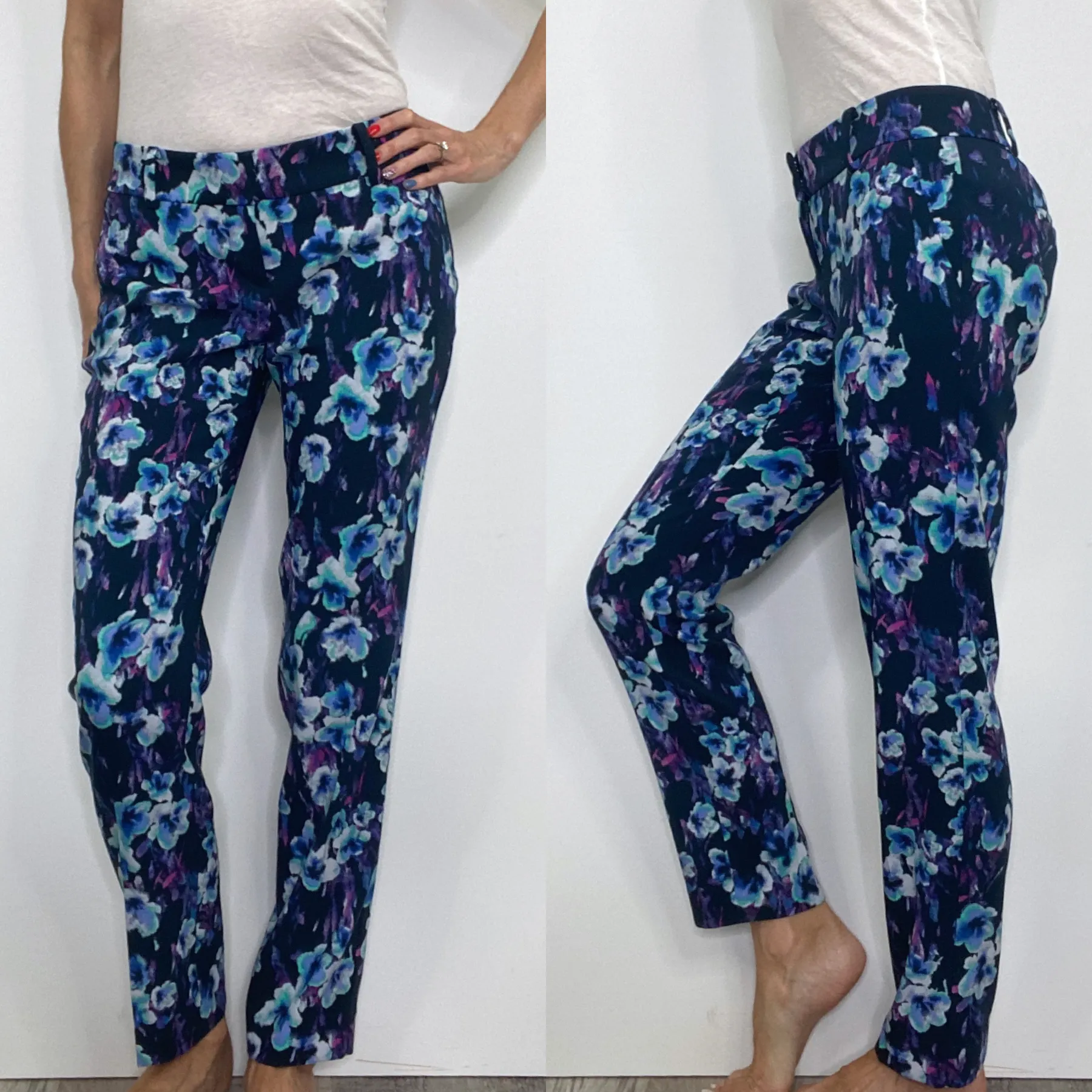 Ann Taylor Blue Multicolor Floral Slim Tapered Leg Dress Pants