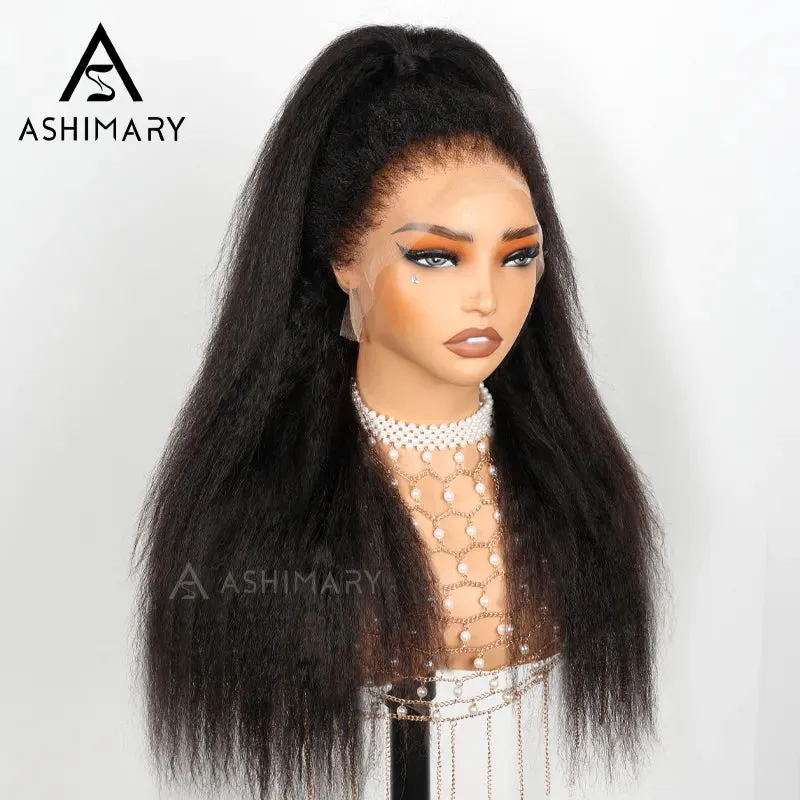 Ashimary Newborn Hairline 13x4 Glueless Lace BlendAway Transparent Lace Black Kinky Straight Wig
