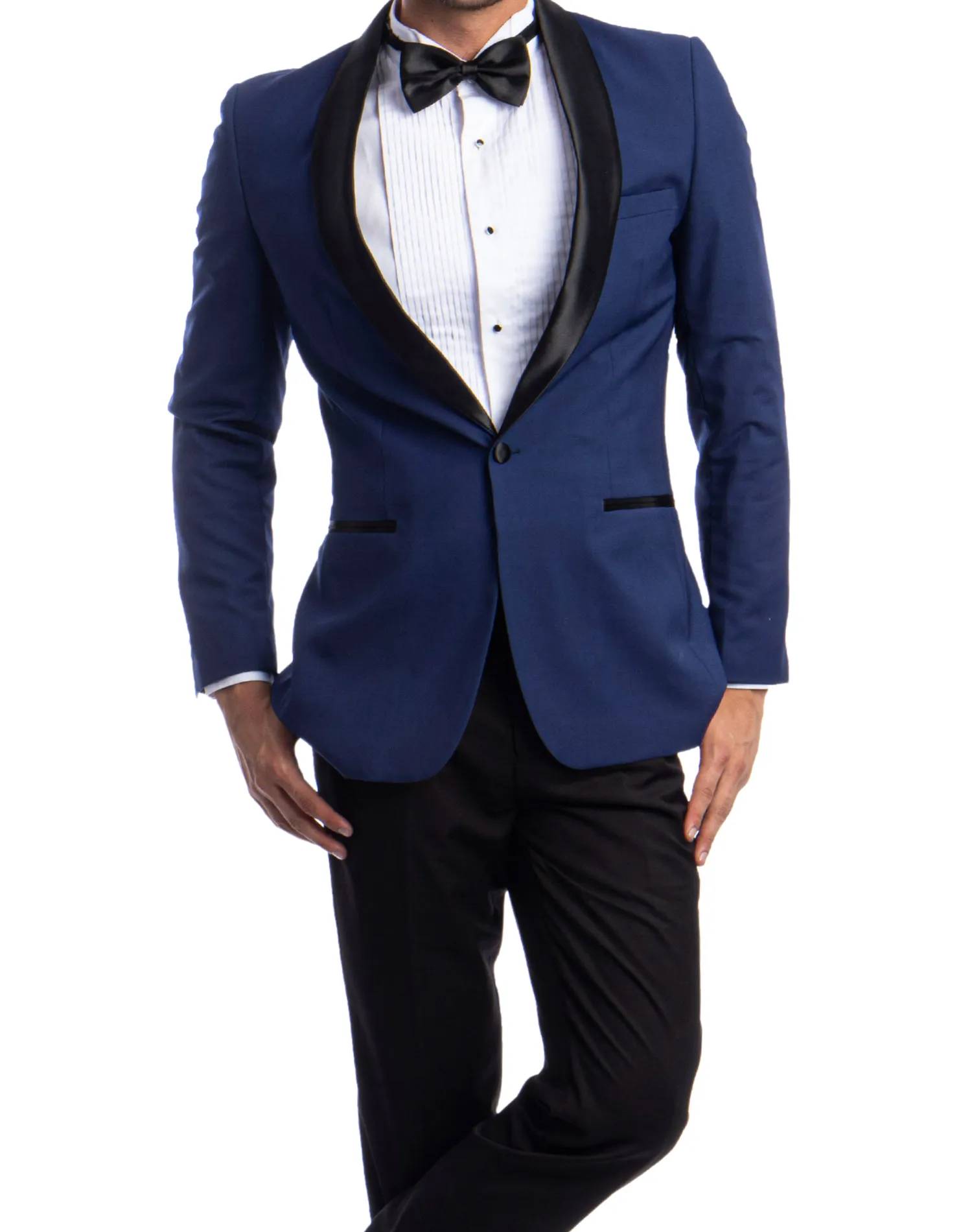 Azzuro Solid Slim Fit Tuxedo - Indigo Blue with Black