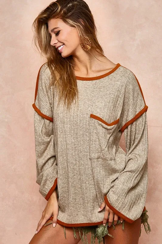 BiBi Contrast Trim Round Neck Brushed Uneven Rib Top