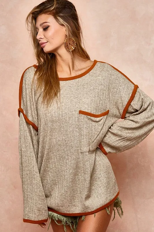 BiBi Contrast Trim Round Neck Brushed Uneven Rib Top