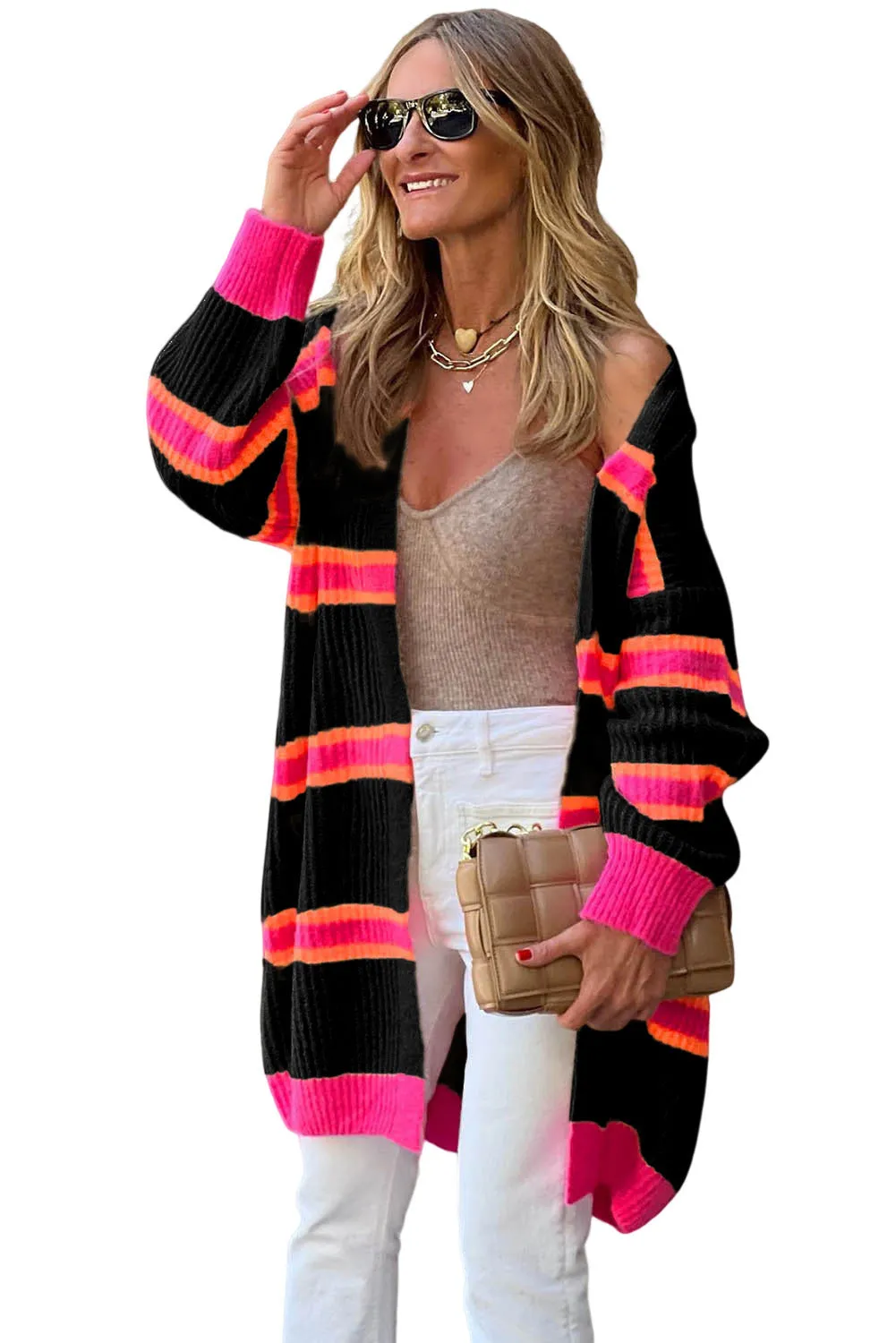 Black Stripe Printed Ribbed Long Knitted Cardigan