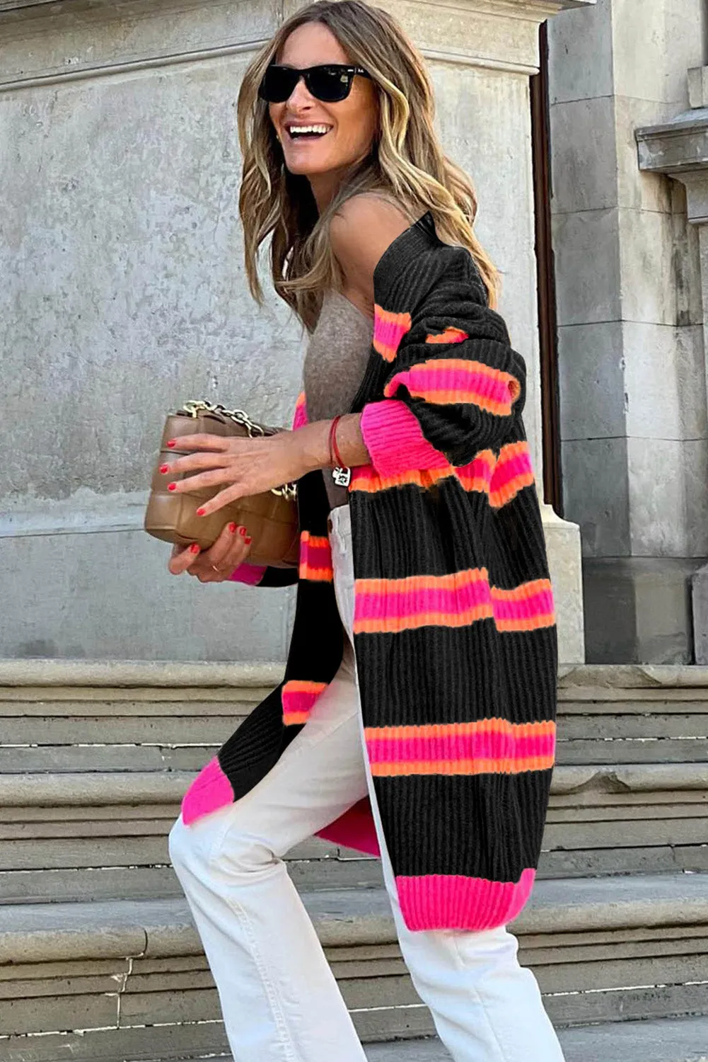 Black Stripe Printed Ribbed Long Knitted Cardigan
