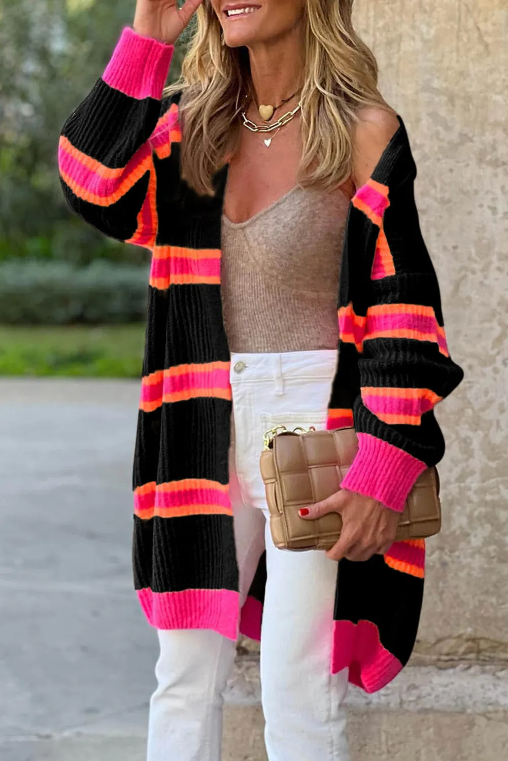 Black Stripe Printed Ribbed Long Knitted Cardigan