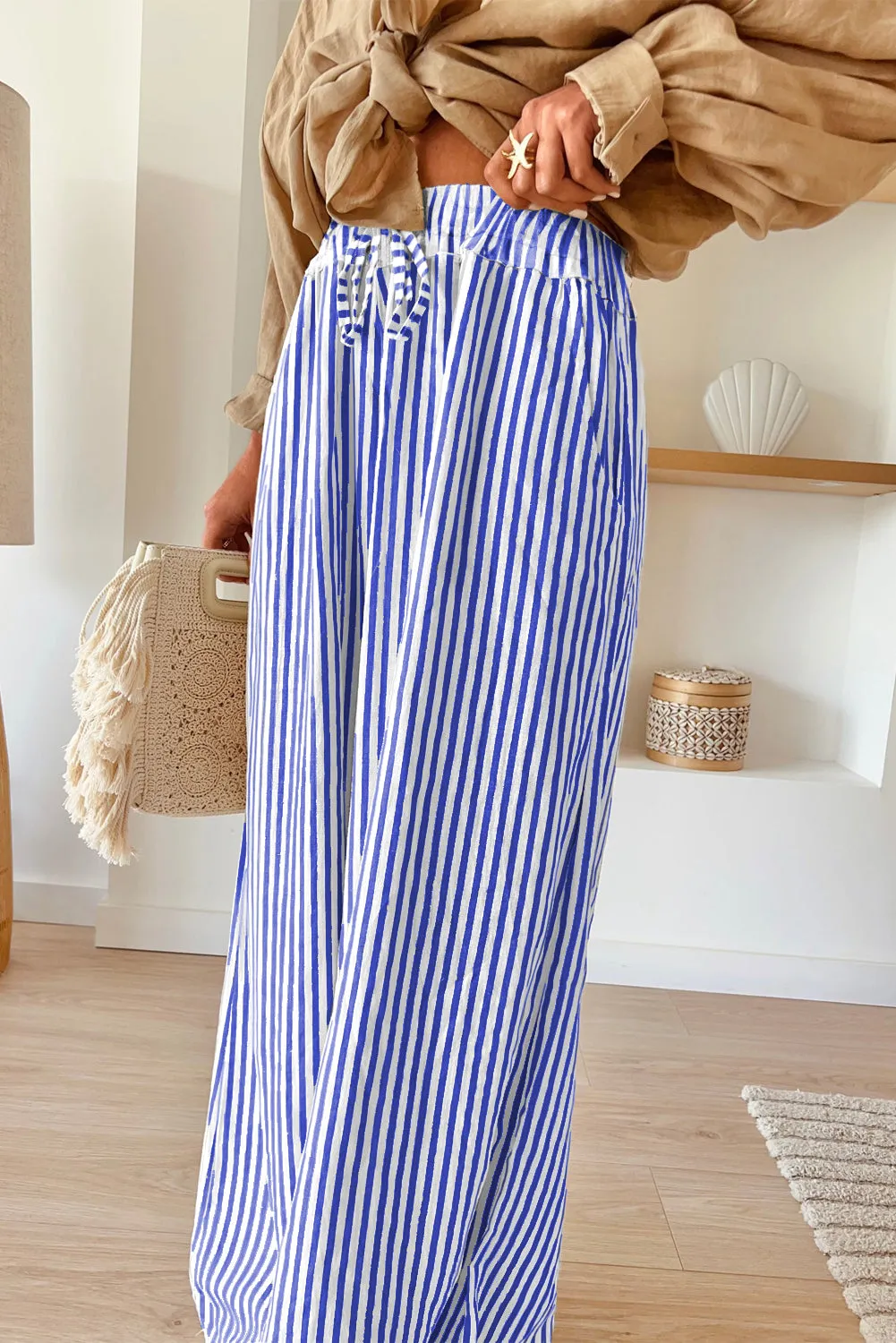 Blue Stripe Print Wide Leg Drawstring Pants