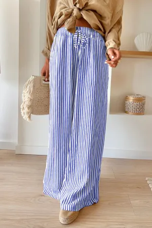 Blue Stripe Print Wide Leg Drawstring Pants