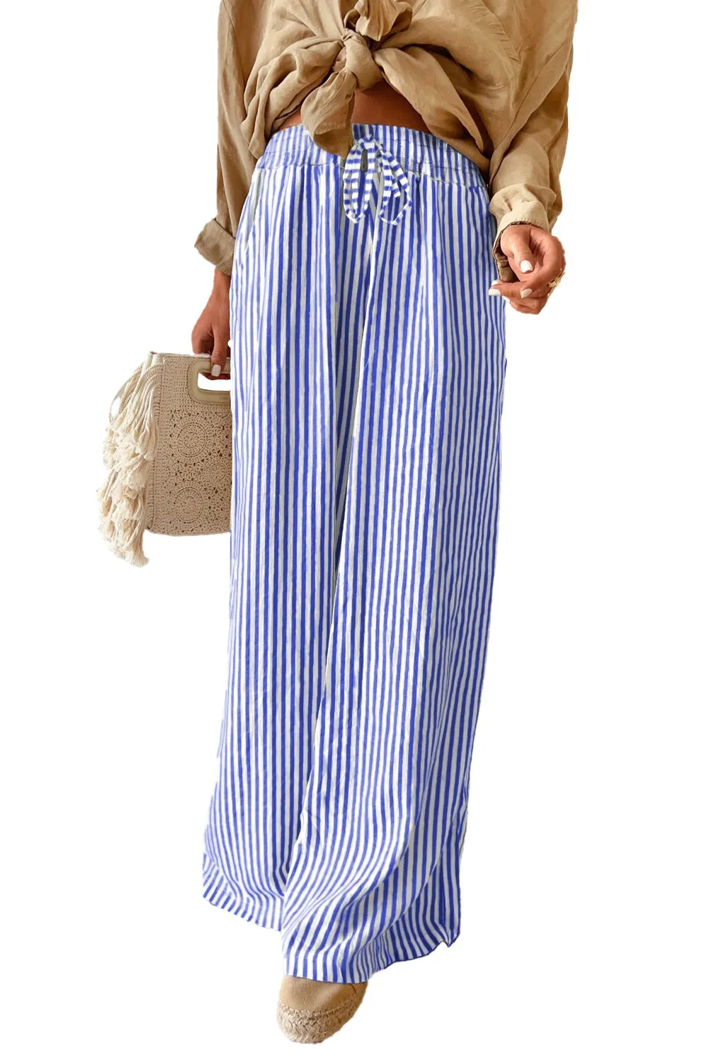 Blue Stripe Print Wide Leg Drawstring Pants