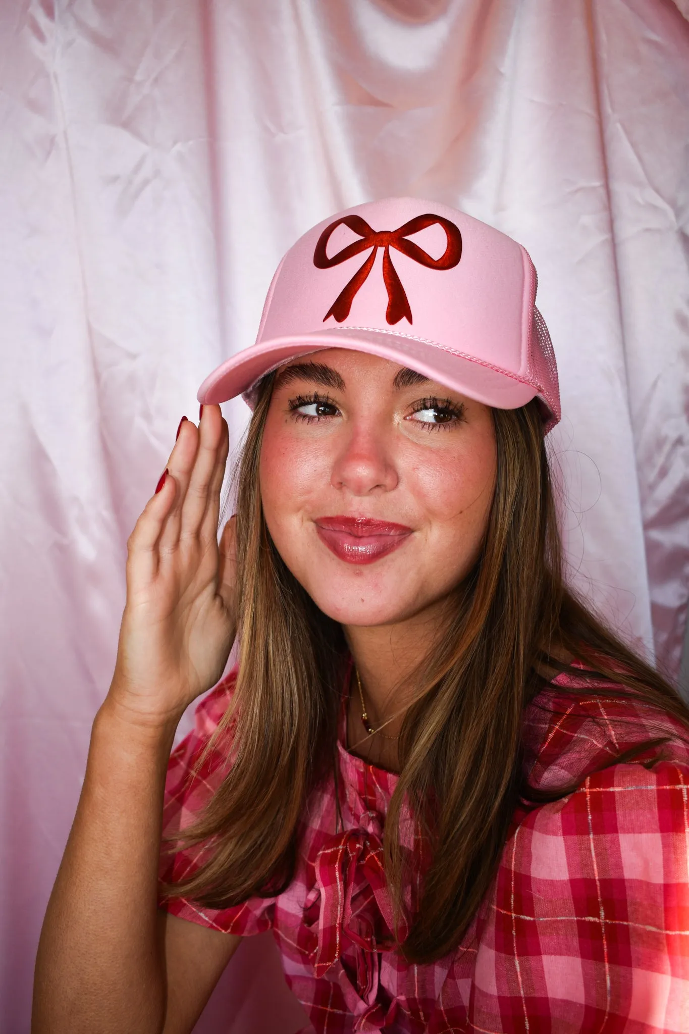 Bow Trucker Hat- Metallic Red/Pink