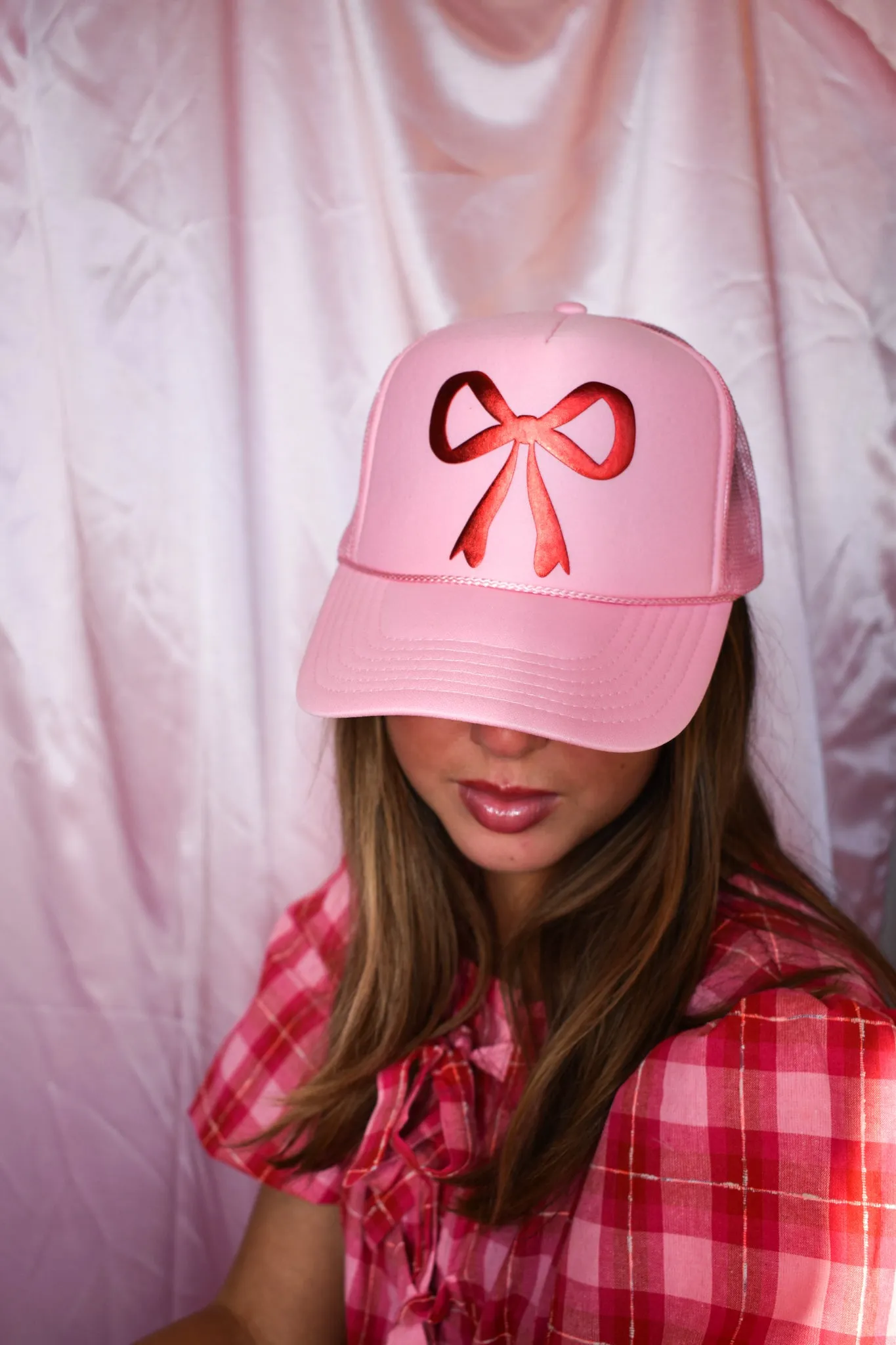 Bow Trucker Hat- Metallic Red/Pink