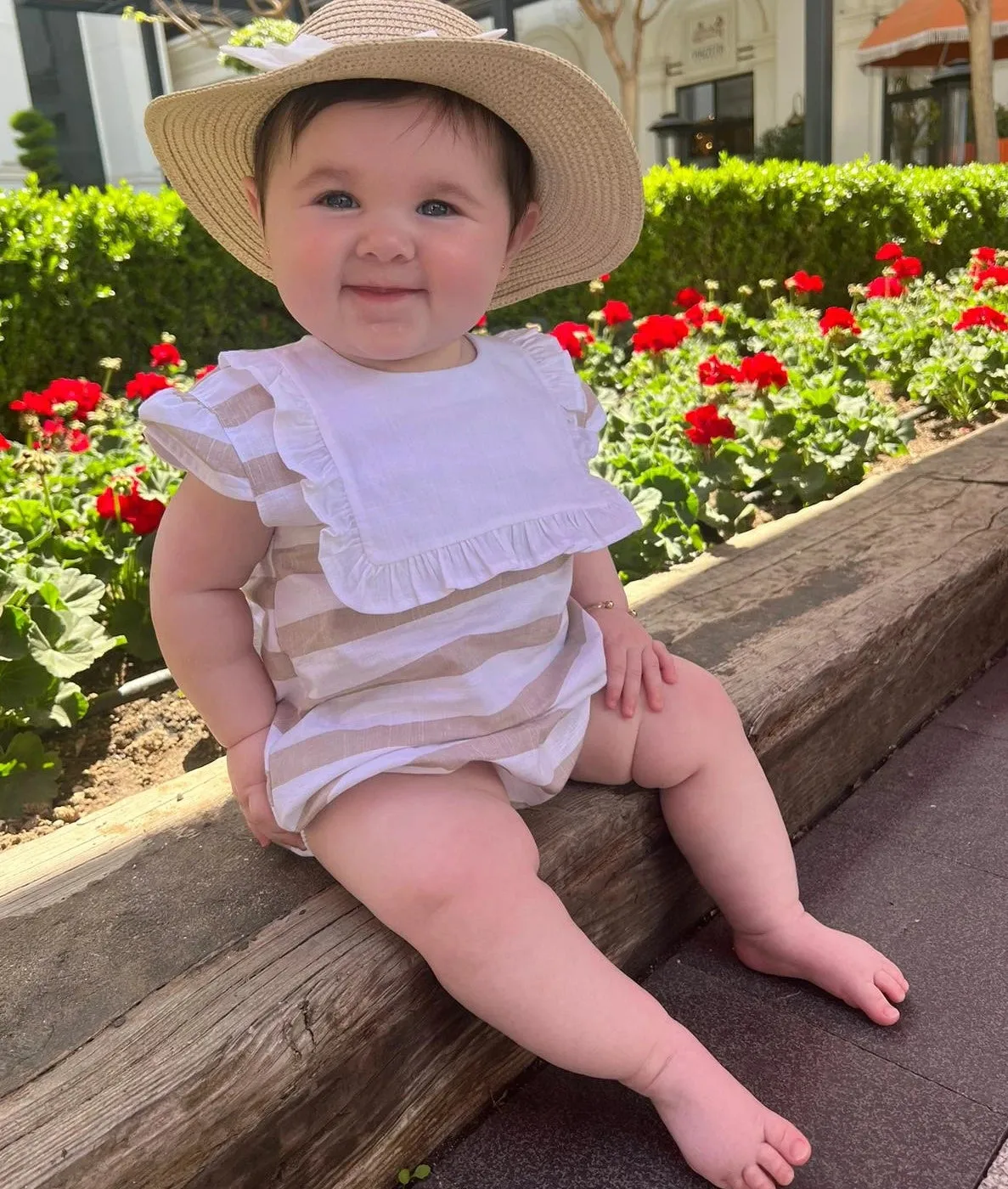 Camel Stripe Frill Bibbed Romper