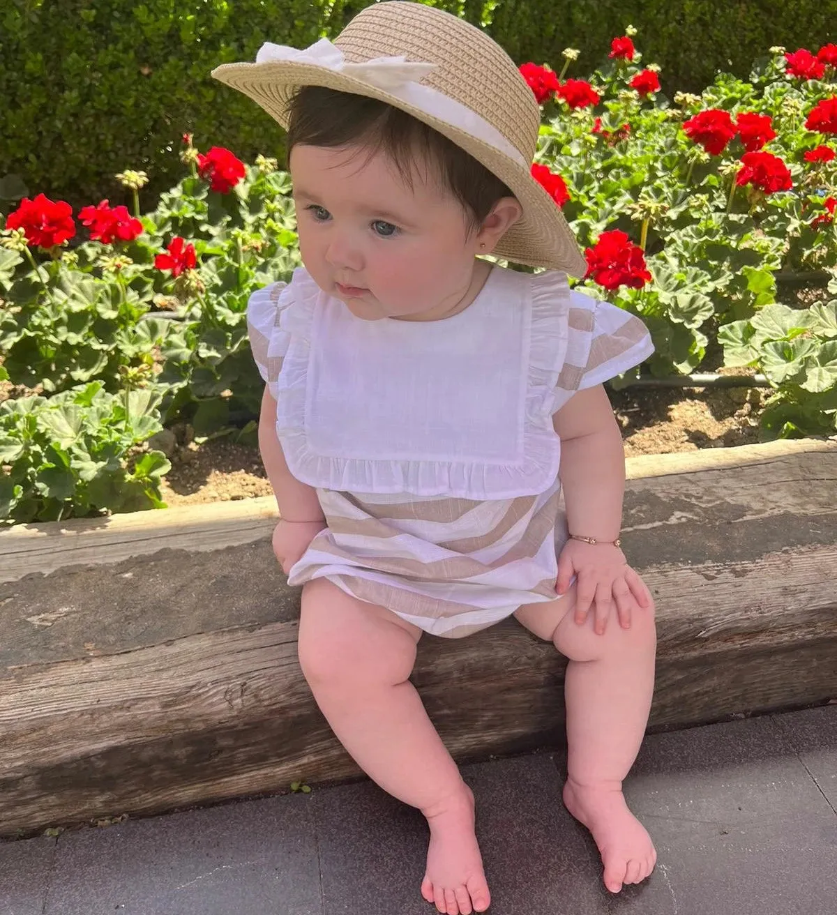 Camel Stripe Frill Bibbed Romper