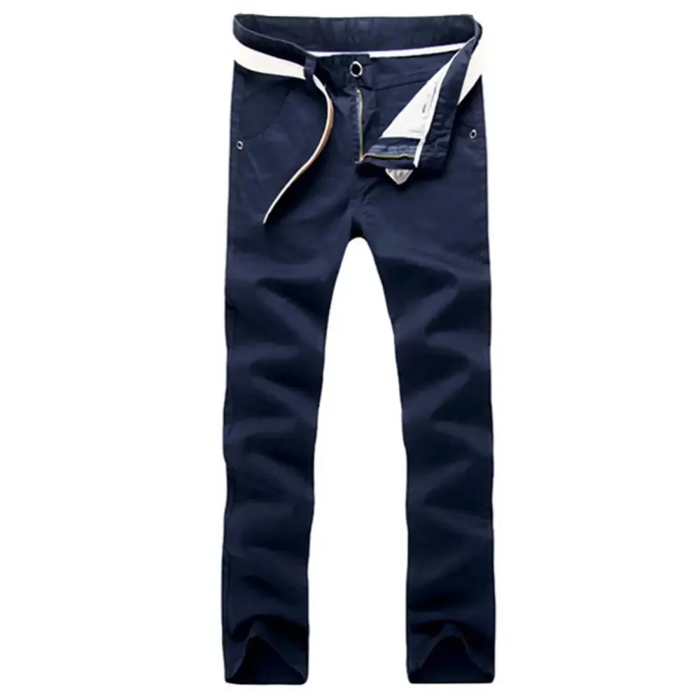 Casual Men Pants Autumn New Solid Color Button Cotton Straight Long Pants Pockets Business Trousers Fashion Male Plus Size Pants