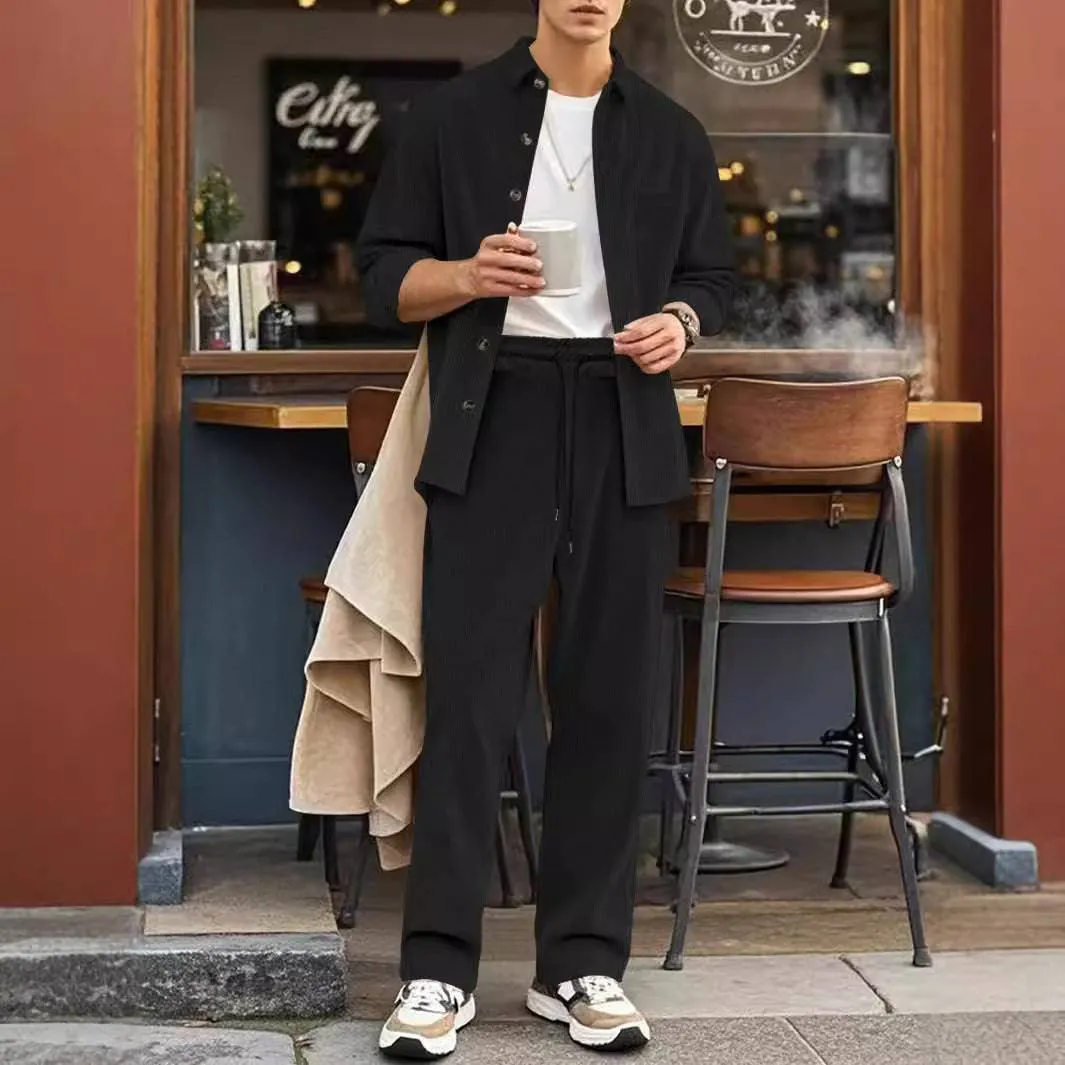 Casual Sports Lapel Long Sleeve Button Cardigan Trousers