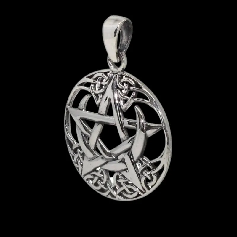 Celtic Pagan Pentagram Crescent Moon Round Charm Charm Pendant 925 Sterling Silver