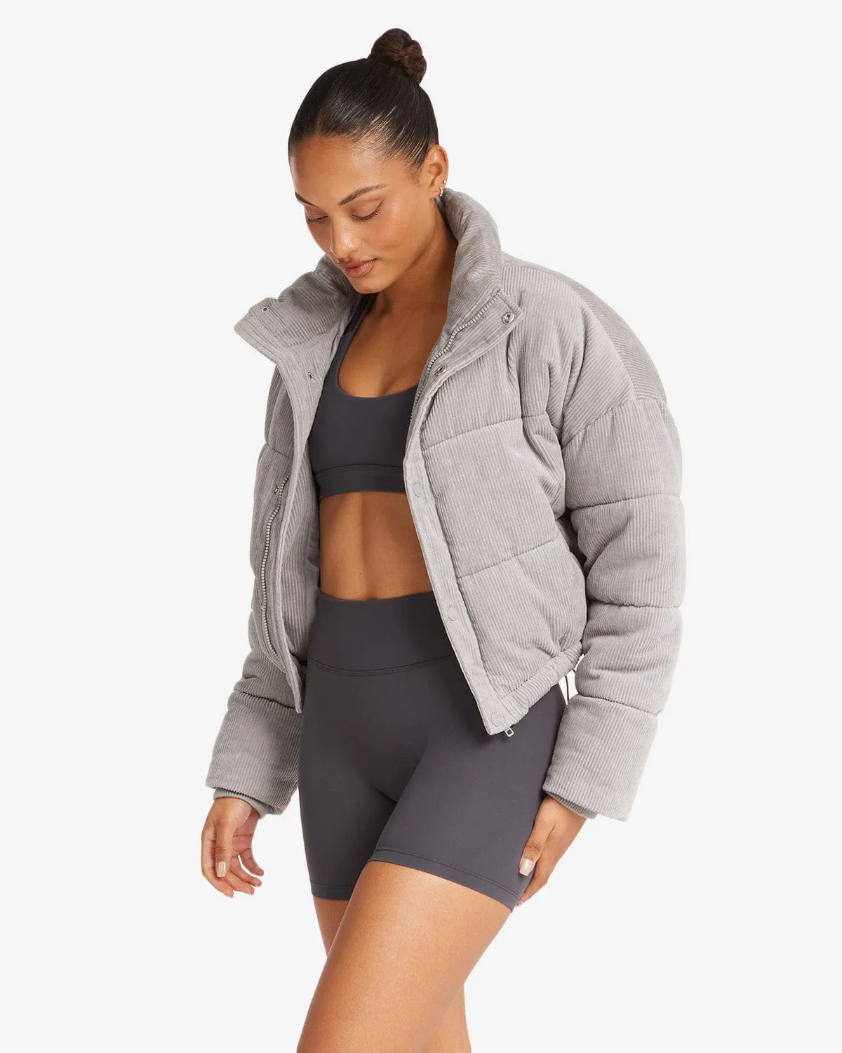 Corduroy Cropped Puffer Jacket | Grey
