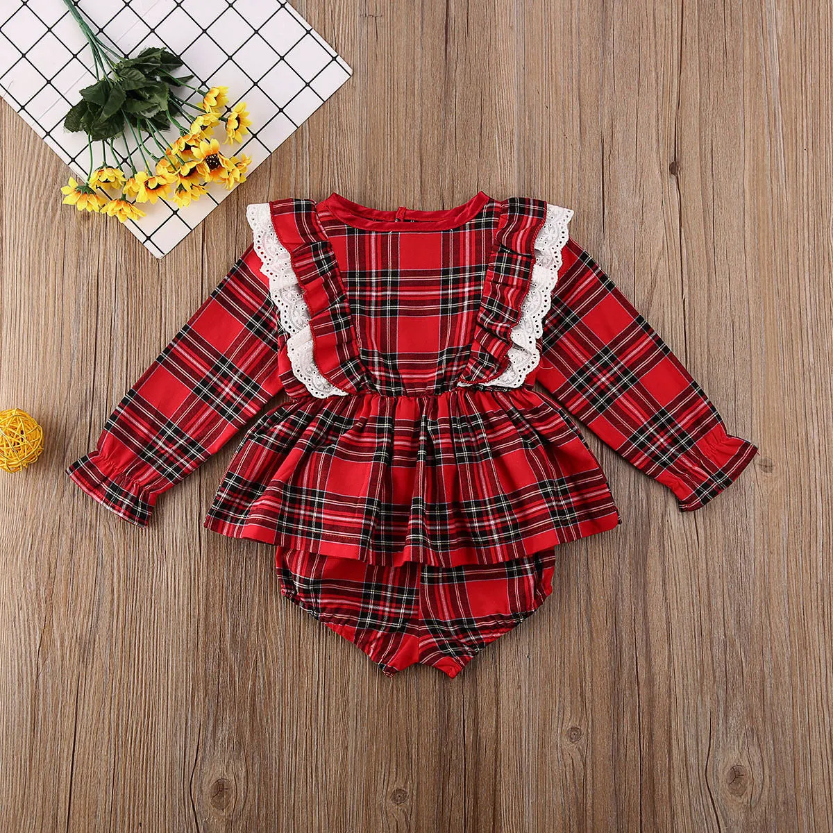 Cute Bow Girl Baby Lace Trim Red Plaid Small Suit