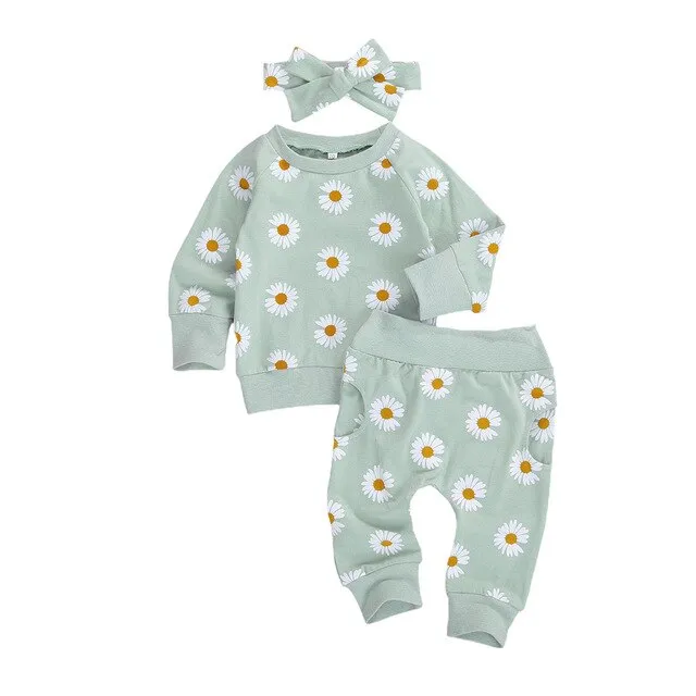 Daisy Print Long Sleeve Pullover   Pants   Headband 0-24 months
