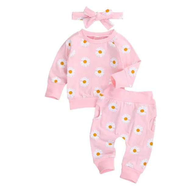 Daisy Print Long Sleeve Pullover   Pants   Headband 0-24 months
