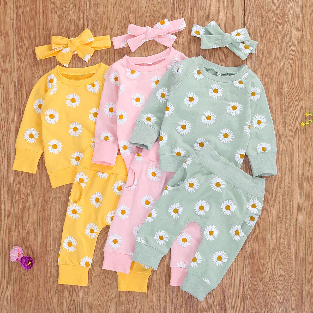 Daisy Print Long Sleeve Pullover   Pants   Headband 0-24 months
