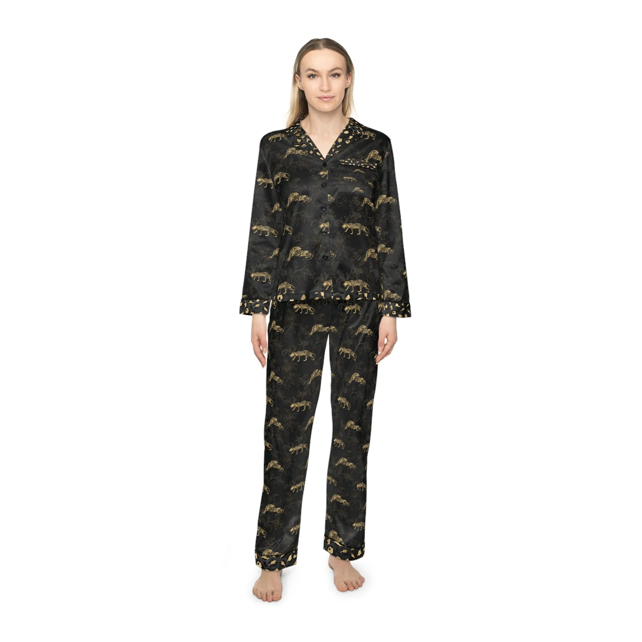 Elegant Women's Satin Pajamas Set - Black and Gold Leopard Pattern