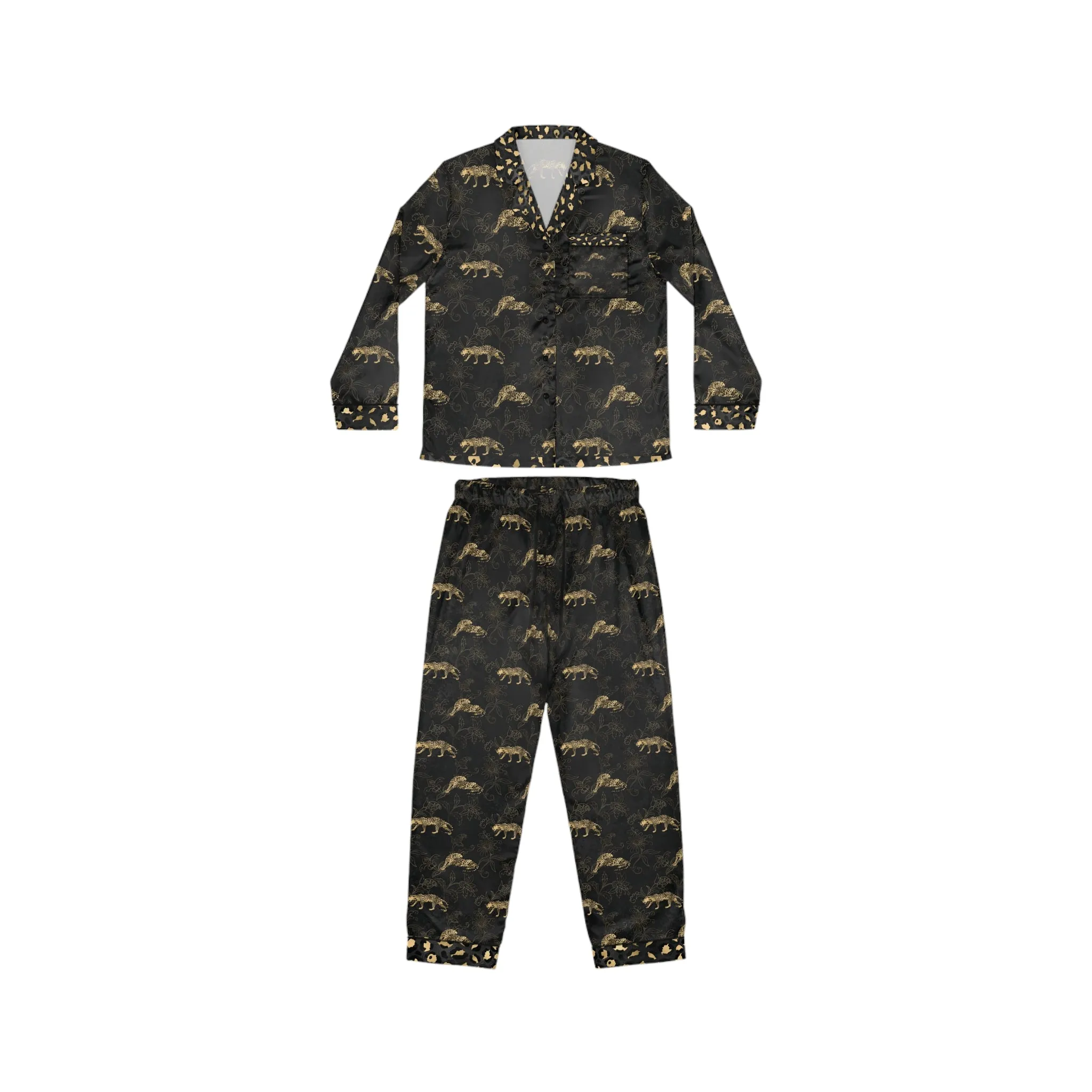 Elegant Women's Satin Pajamas Set - Black and Gold Leopard Pattern