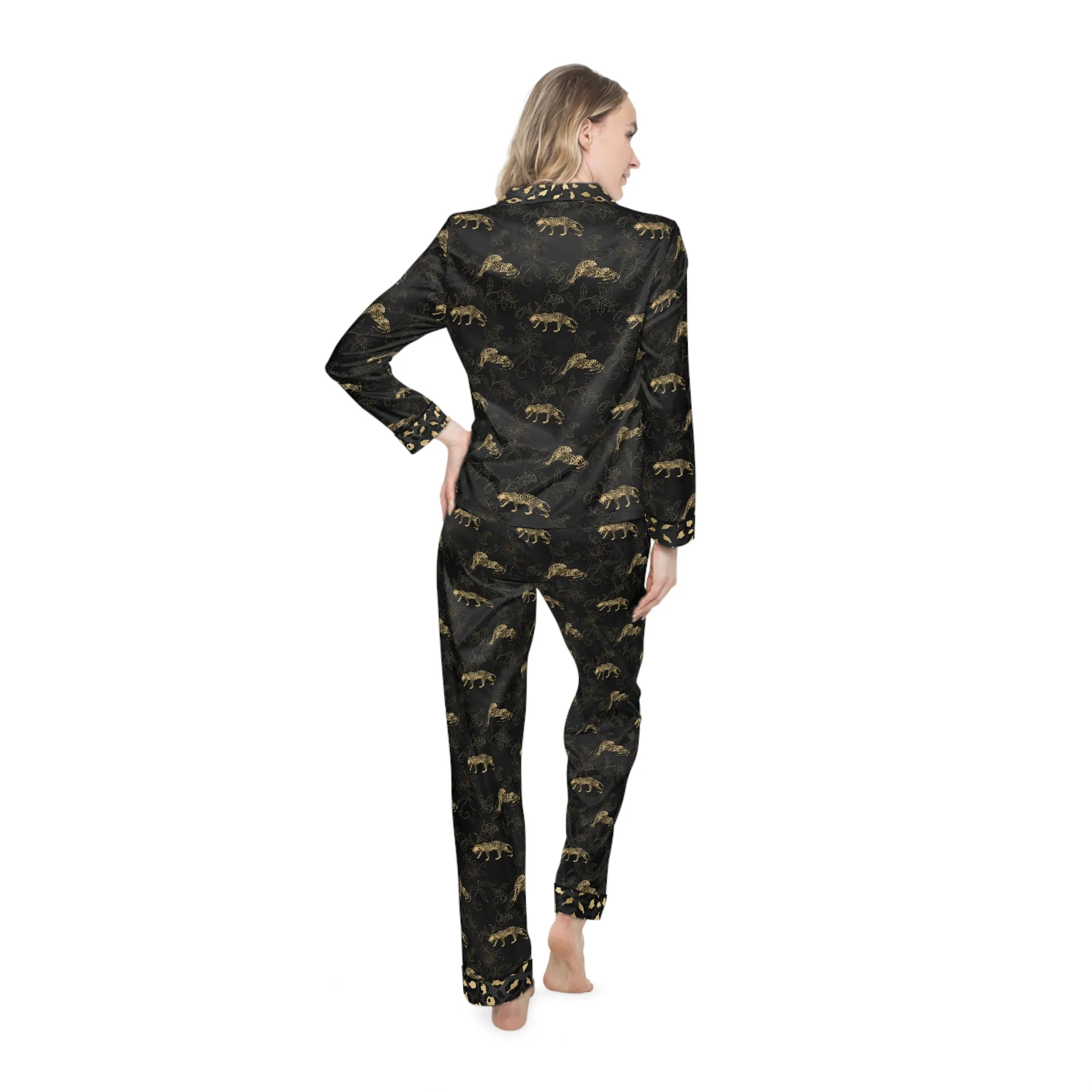 Elegant Women's Satin Pajamas Set - Black and Gold Leopard Pattern