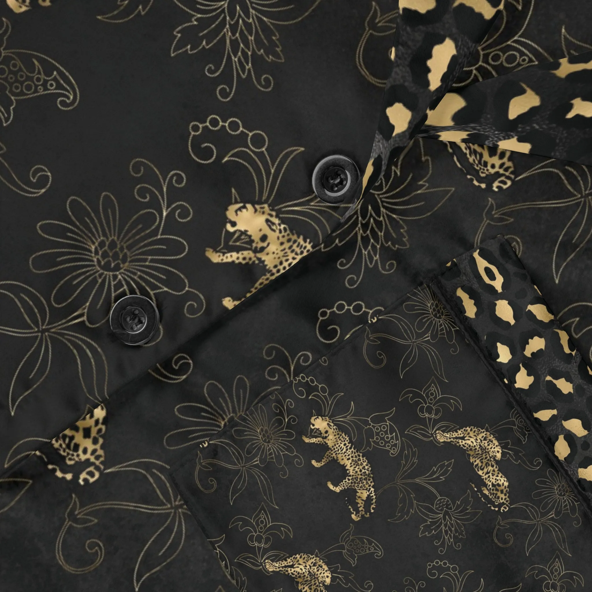 Elegant Women's Satin Pajamas Set - Black and Gold Leopard Pattern