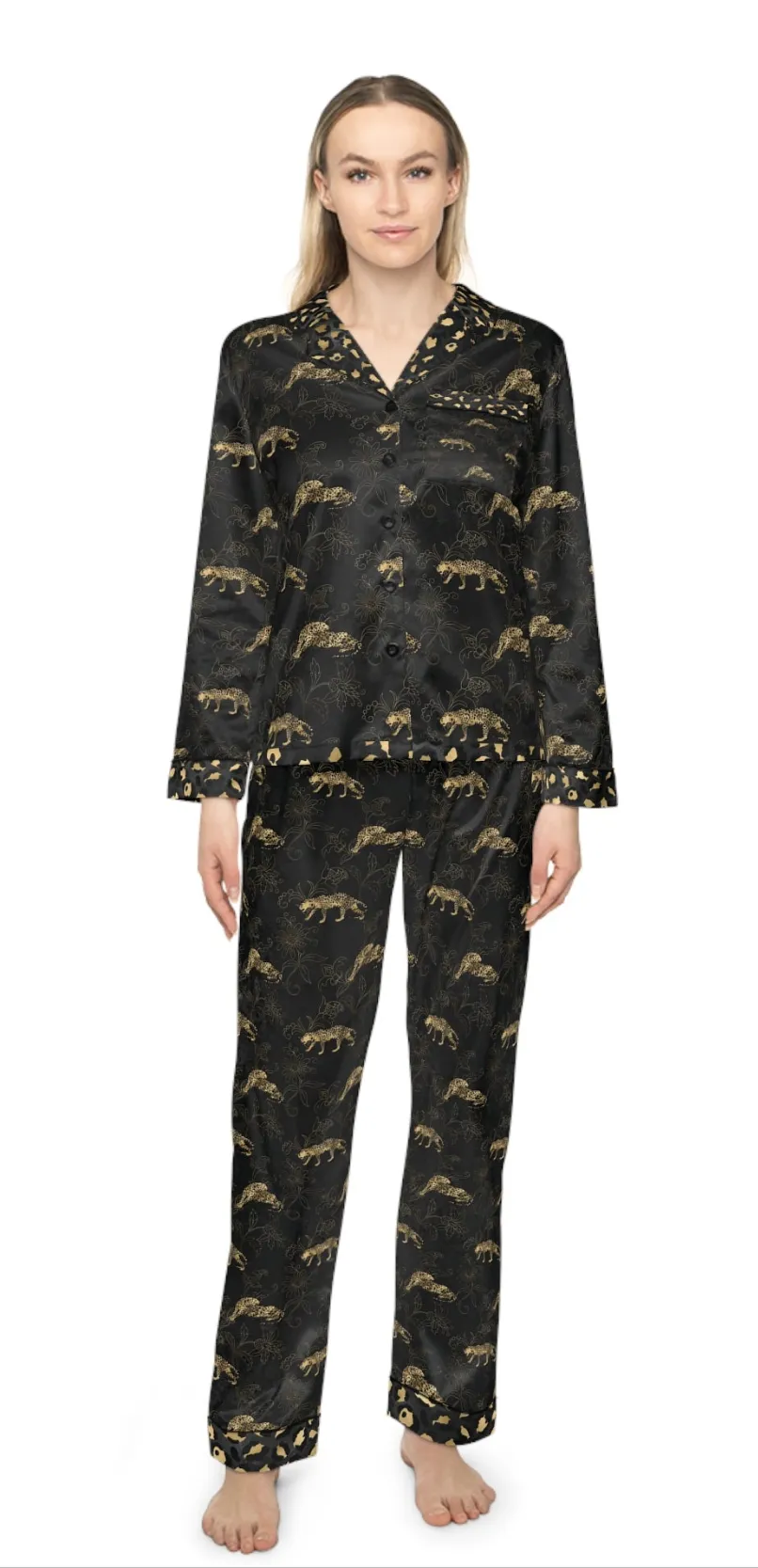 Elegant Women's Satin Pajamas Set - Black and Gold Leopard Pattern