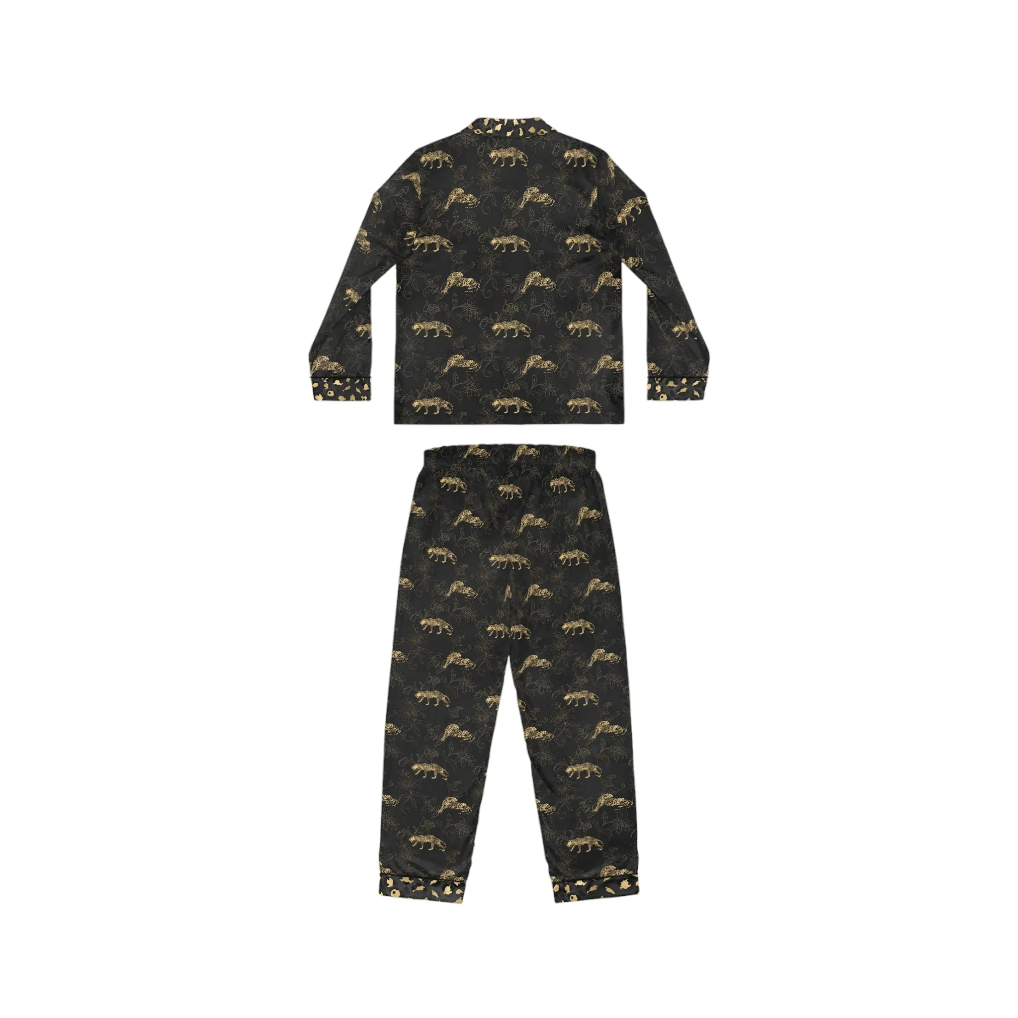 Elegant Women's Satin Pajamas Set - Black and Gold Leopard Pattern