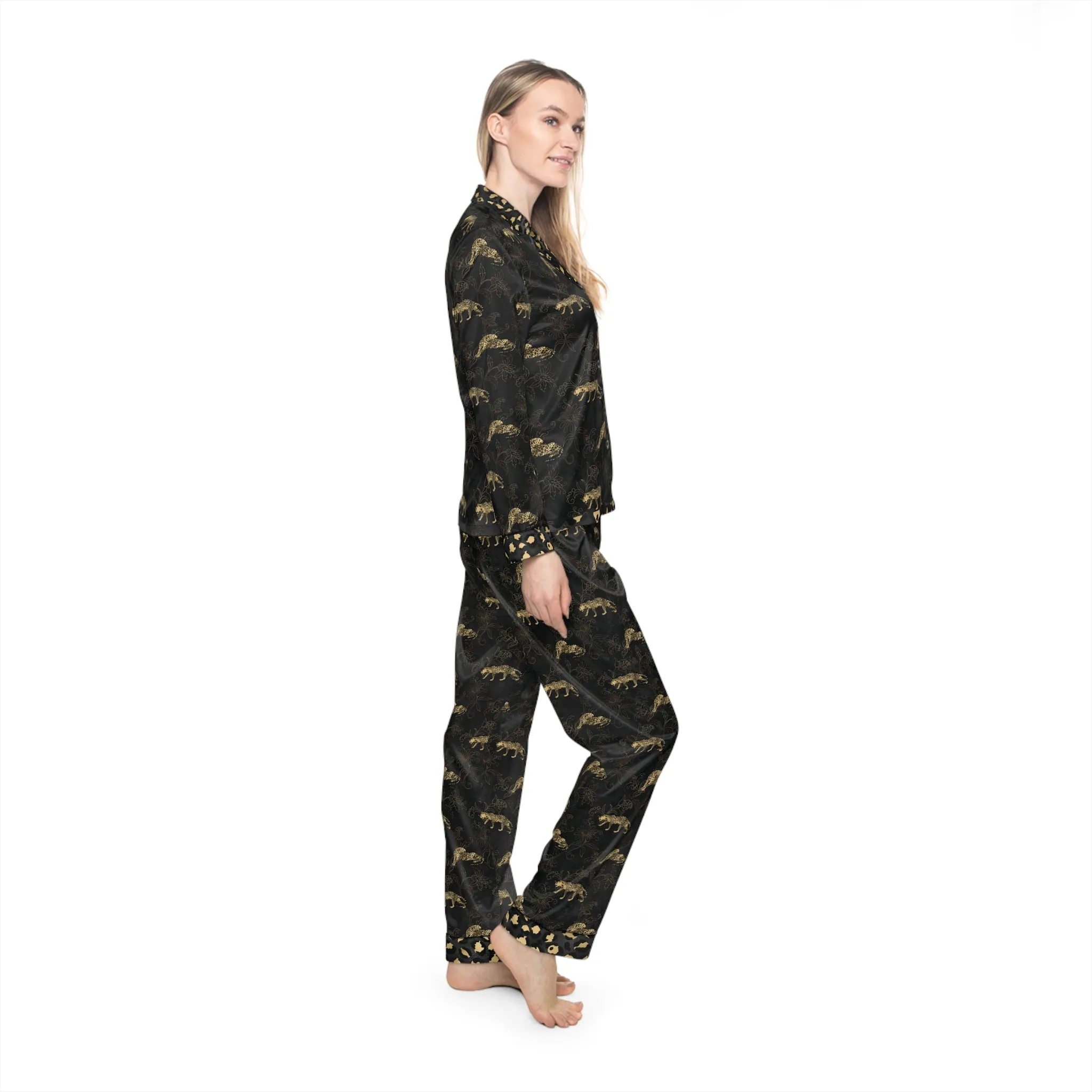 Elegant Women's Satin Pajamas Set - Black and Gold Leopard Pattern