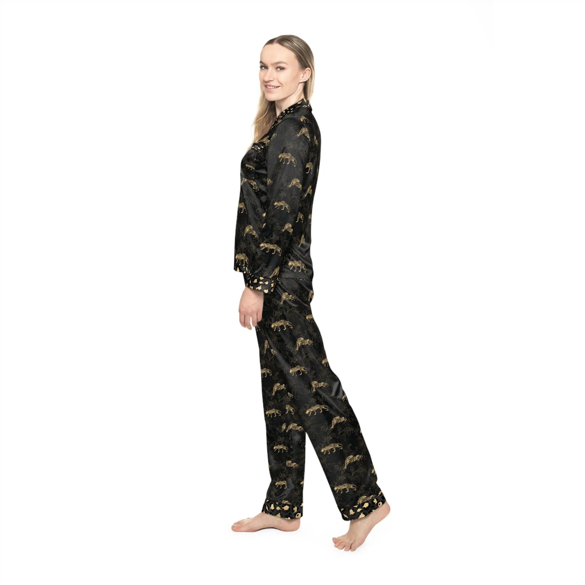 Elegant Women's Satin Pajamas Set - Black and Gold Leopard Pattern
