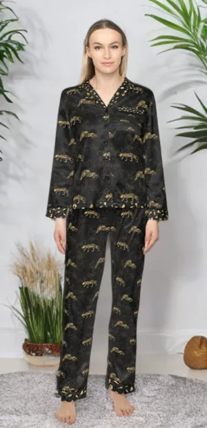 Elegant Women's Satin Pajamas Set - Black and Gold Leopard Pattern