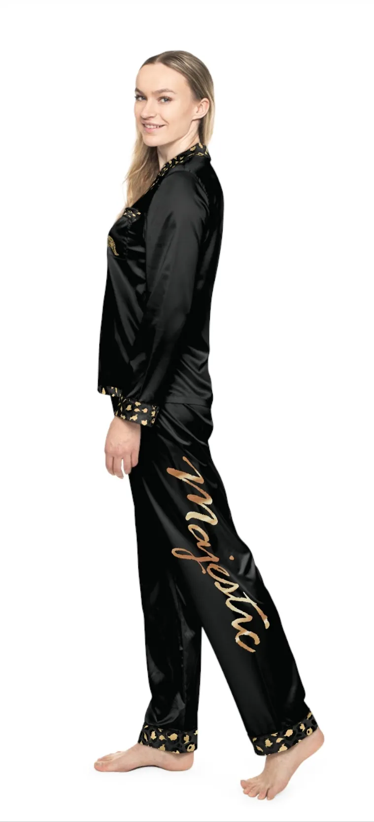 Elegant Women's Satin Pajamas Set - Black and Gold Leopard Print Majestic Graphic