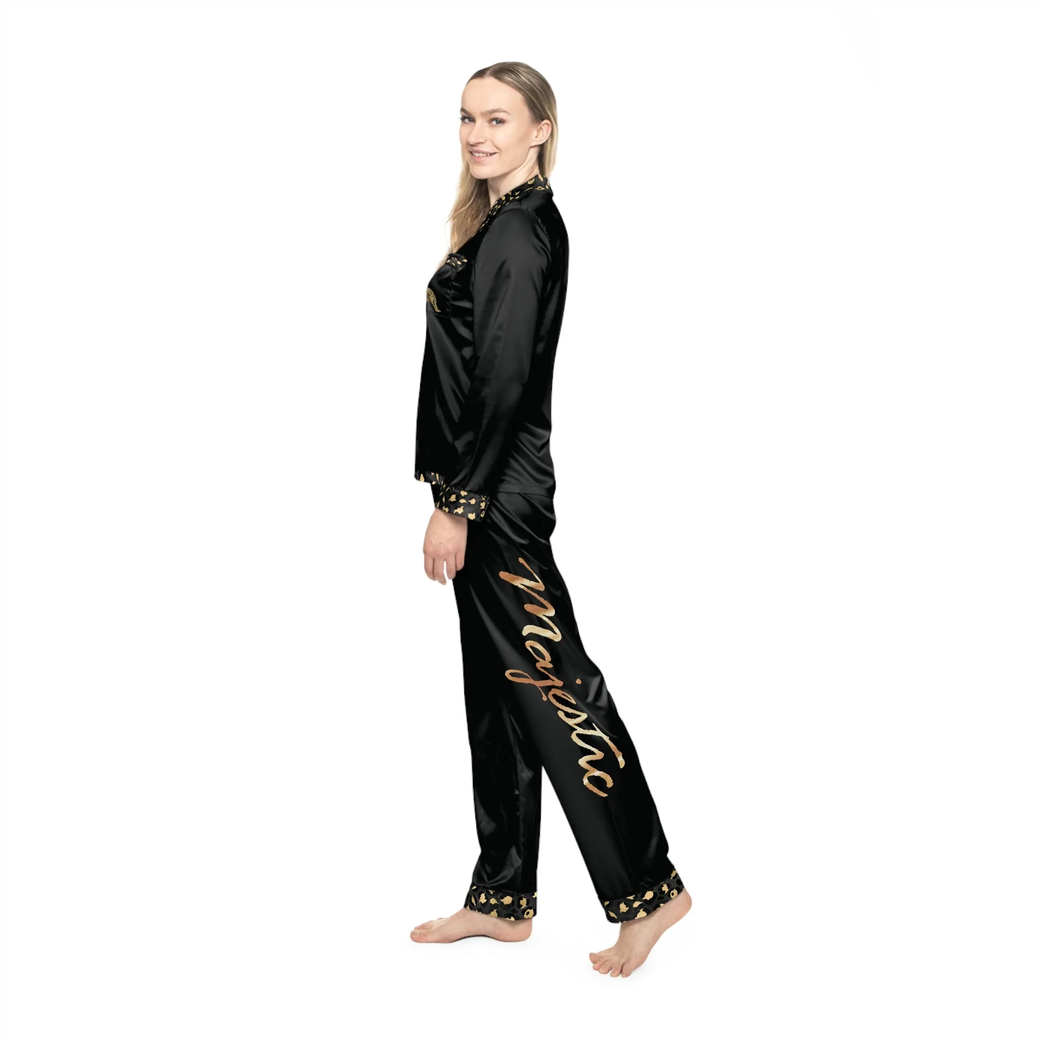 Elegant Women's Satin Pajamas Set - Black and Gold Leopard Print Majestic Graphic