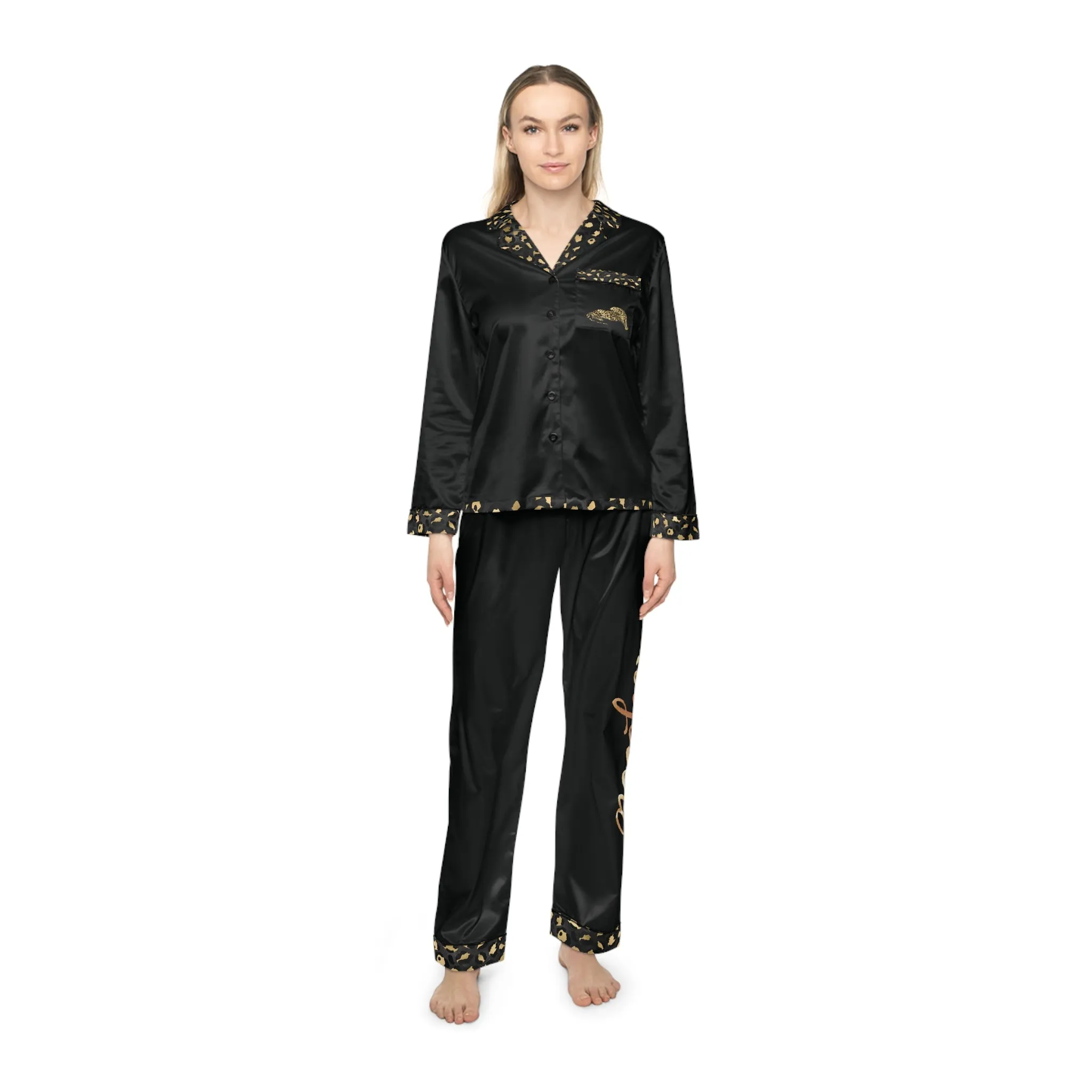 Elegant Women's Satin Pajamas Set - Black and Gold Leopard Print Majestic Graphic