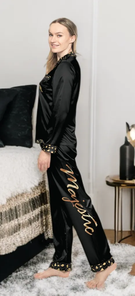 Elegant Women's Satin Pajamas Set - Black and Gold Leopard Print Majestic Graphic