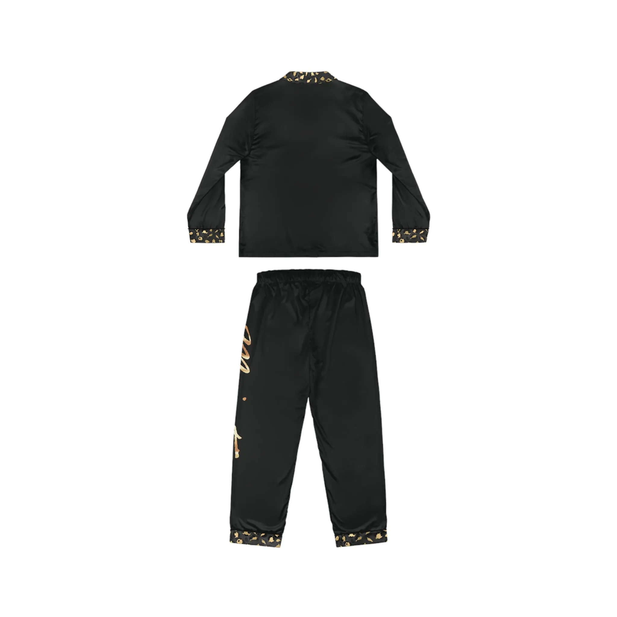 Elegant Women's Satin Pajamas Set - Black and Gold Leopard Print Majestic Graphic