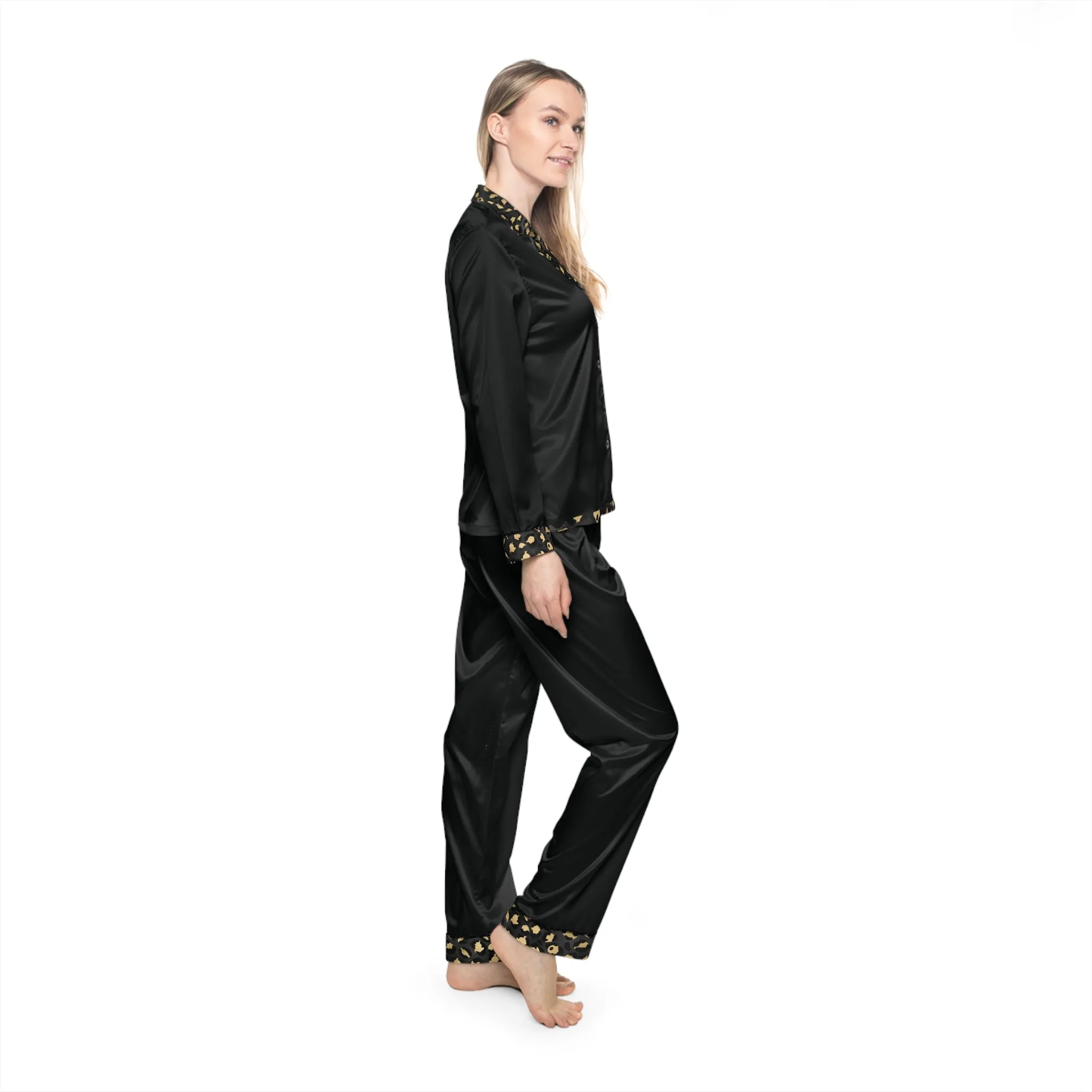 Elegant Women's Satin Pajamas Set - Black and Gold Leopard Print Majestic Graphic