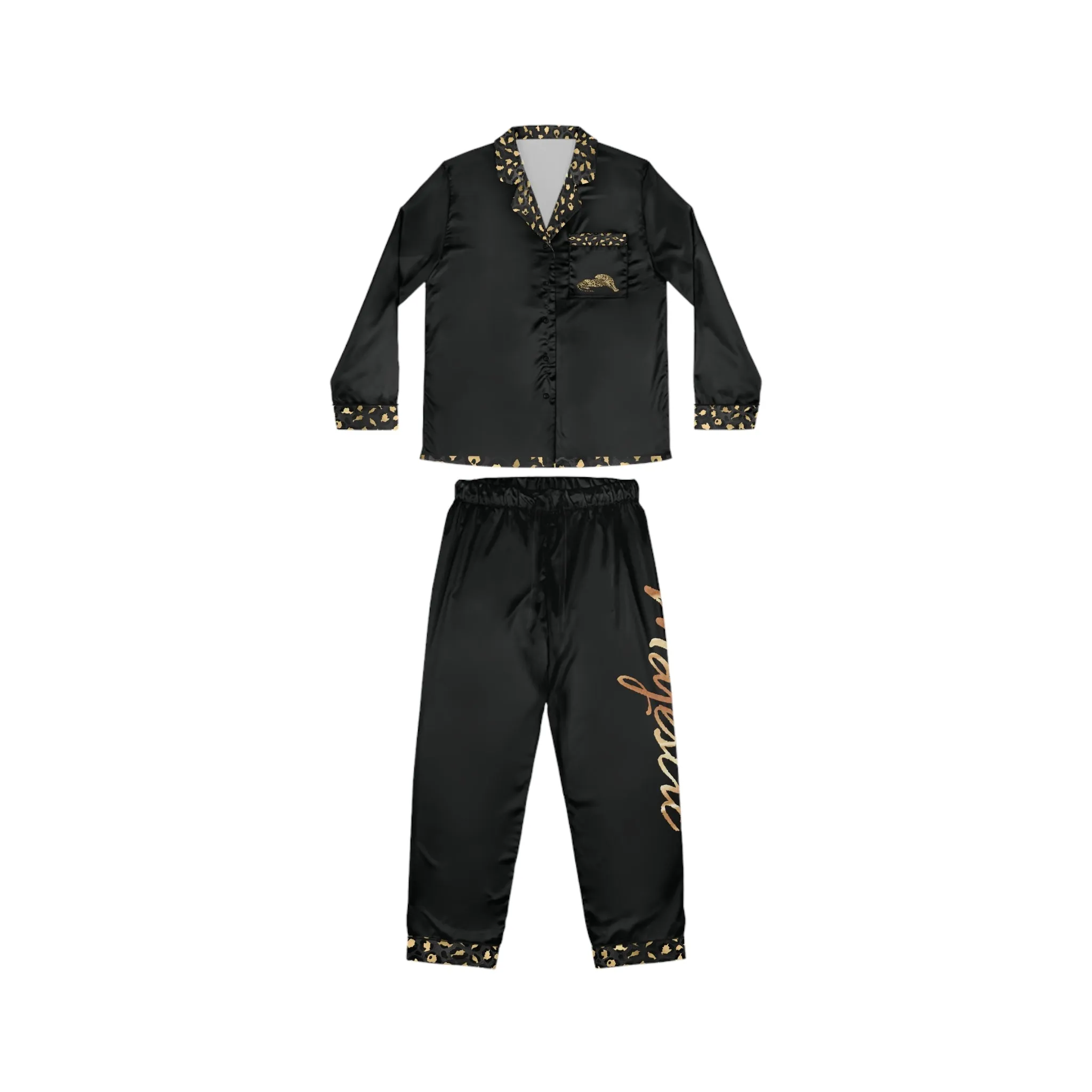 Elegant Women's Satin Pajamas Set - Black and Gold Leopard Print Majestic Graphic