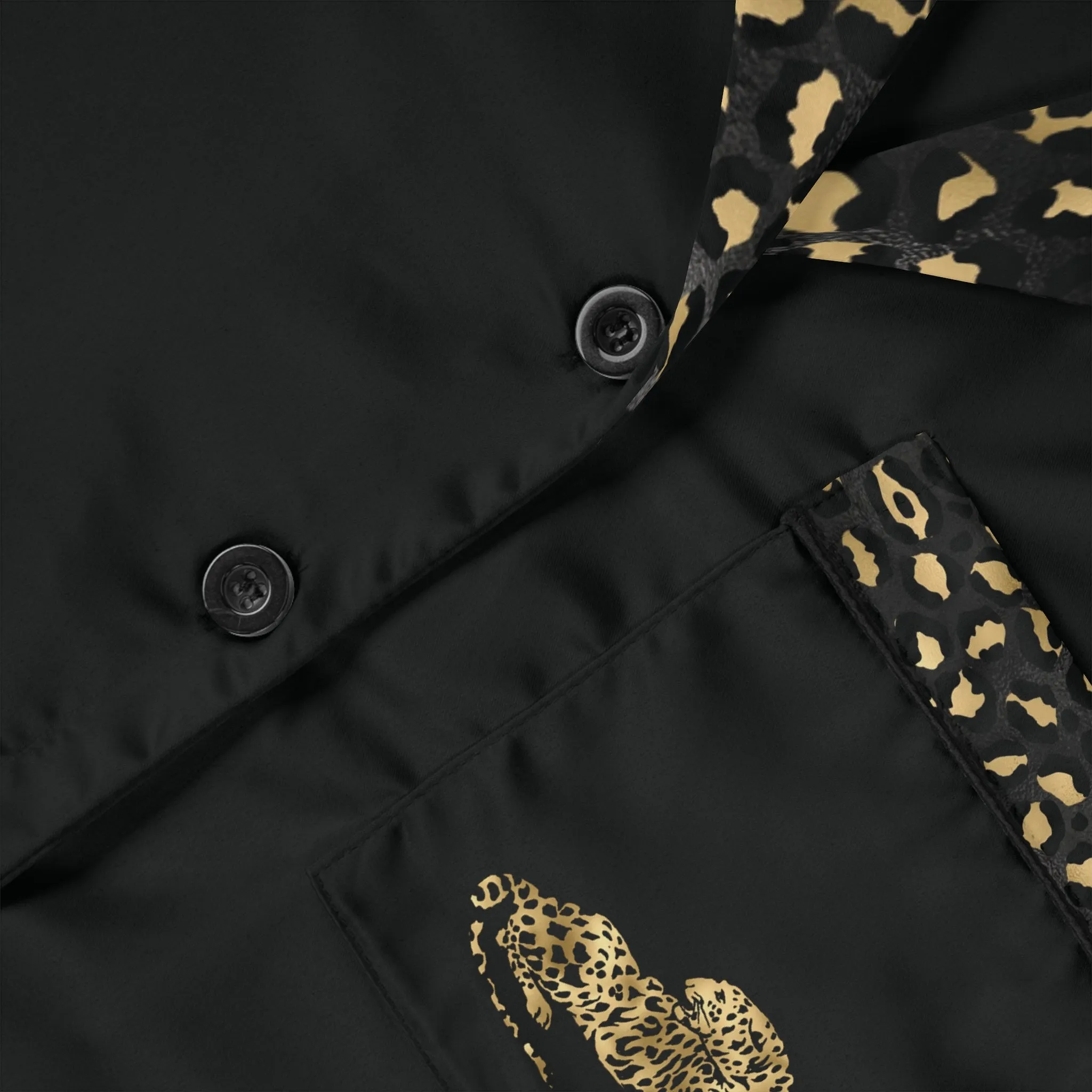 Elegant Women's Satin Pajamas Set - Black and Gold Leopard Print Majestic Graphic